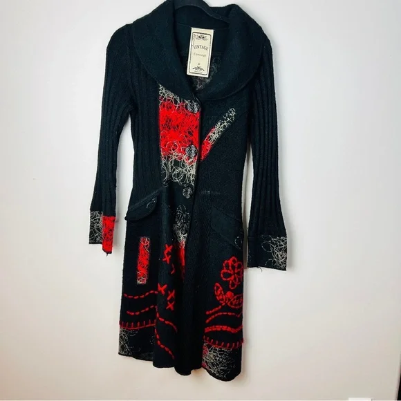Vintage Concept Black Wool Blend Button Up Sweater Coat with Red Accents Women M - Picture 3 of 11